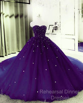 Sweetheart Crystals Semi Formal Prom Dresses Ball Gown Beaded Purple Quinceanera Dresses